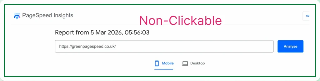 PageSpeed Insights test interface analysing greenpagespeed.co.uk showing how tools generate PageSpeed Insights warnings