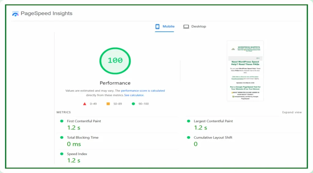 22-03-26 - PageSpeed Insights mobile test showing a 100 performance score with metrics including 1.2 second load times, zero blocking time and stable Core Web Vitals, WordPress speed optimisation result
