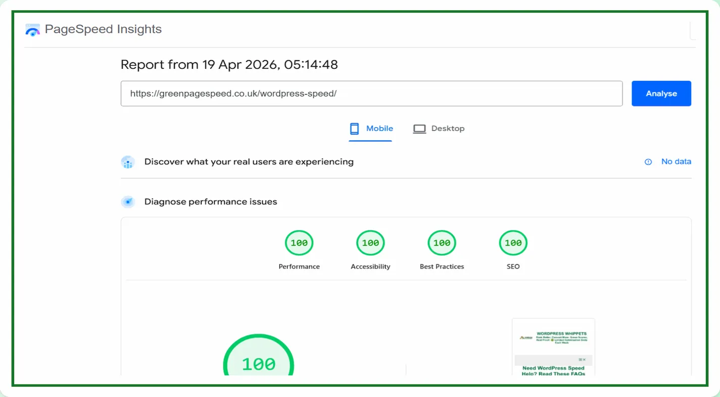 19/04/26 PageSpeed Insights mobile test showing perfect 100 performance, 100 accessibility, 100 best practices and 100 SEO scores for a WordPress speed optimisation page