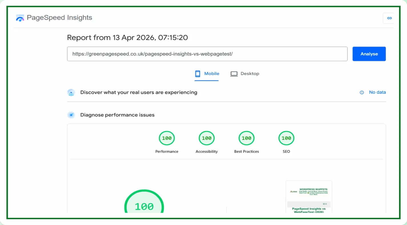 13/04/26 Google PageSpeed Insights mobile test showing 100 performance score with fully optimised Core Web Vitals on a live website page