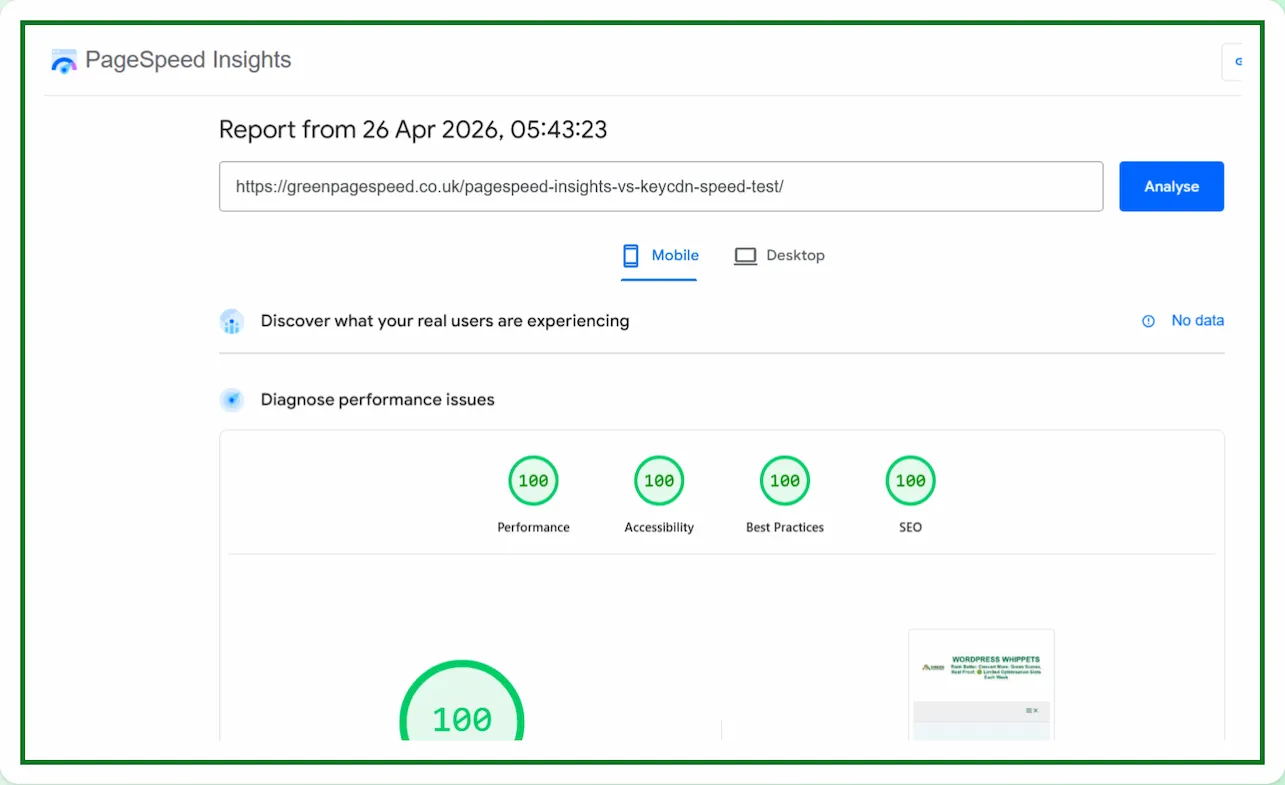 26/04/26 PageSpeed Insights test showing 100 performance, accessibility, best practices and SEO scores on mobile for a WordPress page, demonstrating fully optimised Core Web Vitals and fast load speed