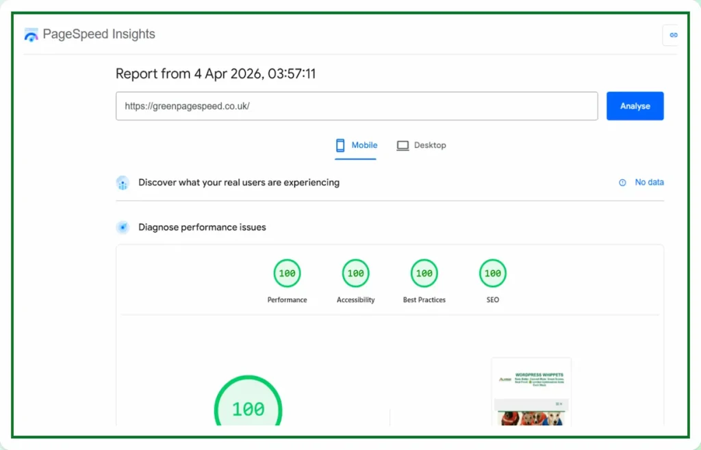 04/04/26 - PageSpeed Insights PSI test result for greenpagespeed.co.uk showing perfect 100 scores across Performance, Accessibility, Best Practices and SEO on mobile, PSI interface dated April 2026